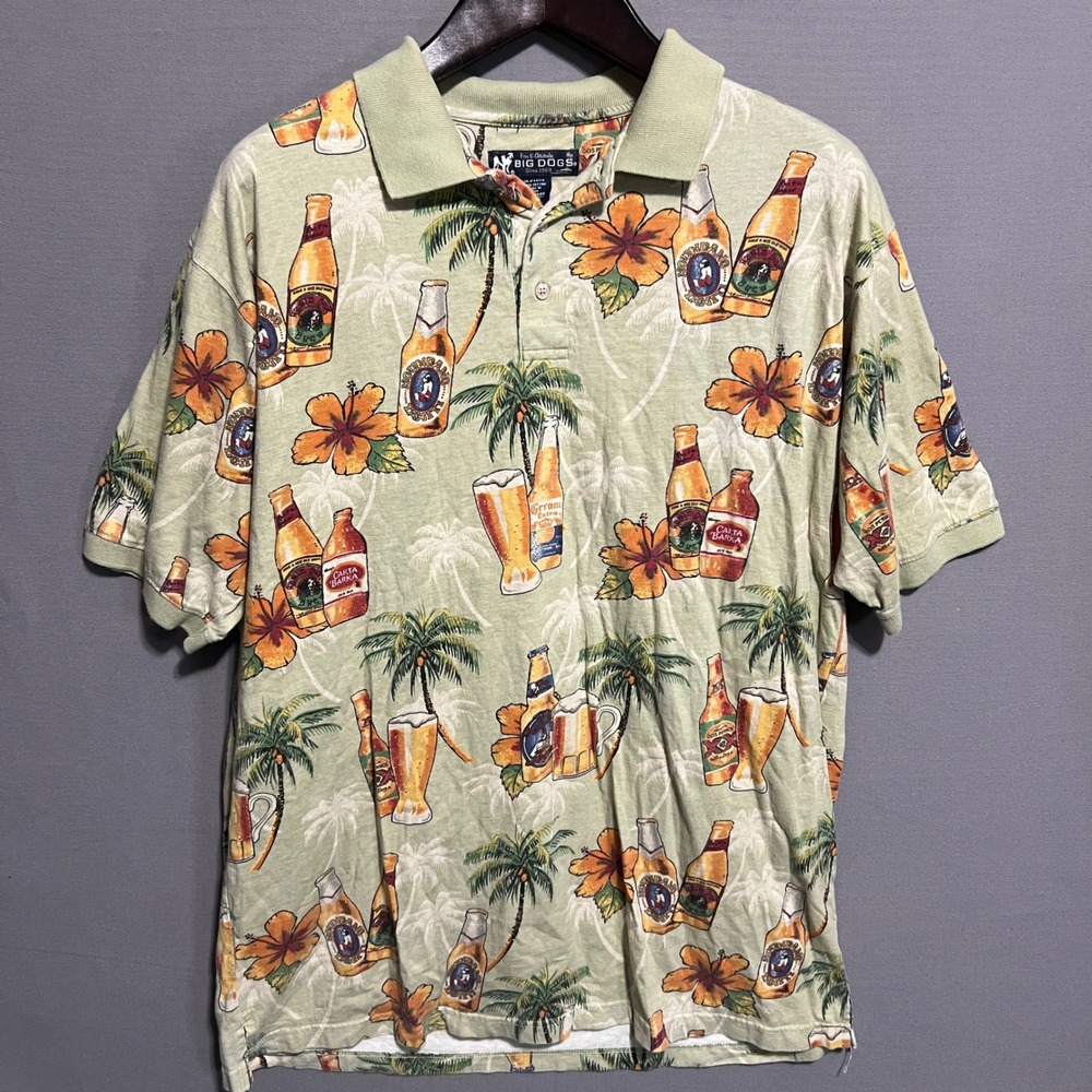 Big Dogs Mens XL Green Tropical‎ Beer Parody All Over Print Cotton Polo Shirt